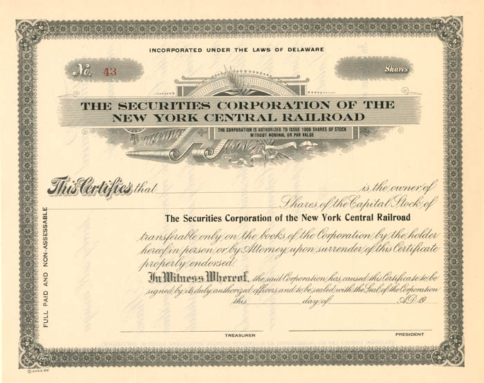 Securities Corporation of the New York Central Railroad - Unissued Stock Certificate